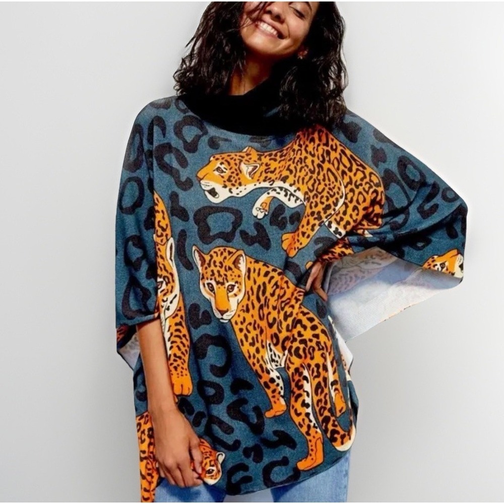 Anthro Conditions Apply Leopard Print Poncho Sweater Turtleneck Oversized Sz M/L